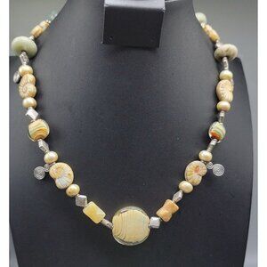 Sterling Silver Gemstone Pearl & Glass Necklace Chunky 20" Beaded Shell Theme